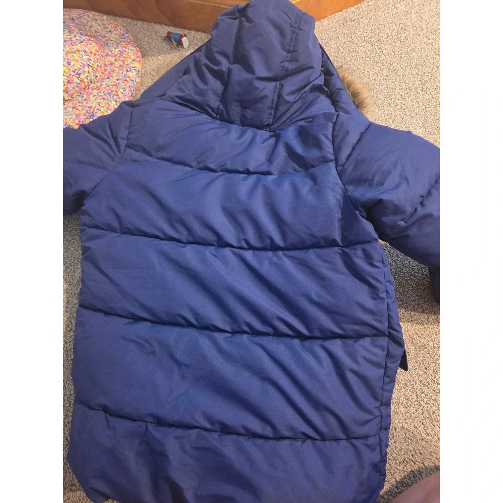 Mini Boden Boys Blue Puffer Parka Faux Fur Hood Fleece Lined Winter Coat 5-6Y